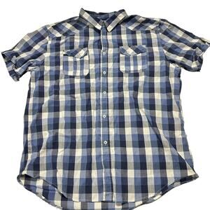 Straight Faded Button Up Shirt Men XXL Blue White Plaid Short Sleeve Cotton